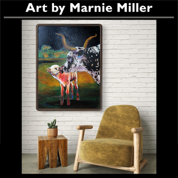 Texas Longhorn Cattle Giclee Fine Art Print on Premium Cotton Canvas Gallery Wrap made from original oil painting by Marnie Miller, b. 1971