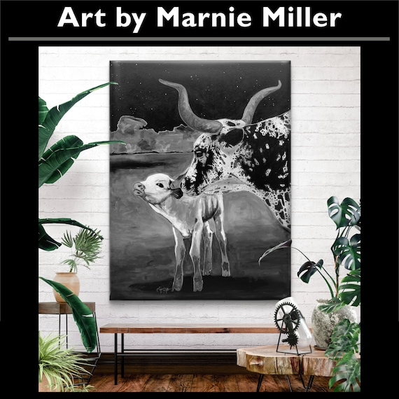 Texas Longhorn Cattle Giclee Fine Art Print on Premium Cotton Canvas Gallery Wrap made from original oil painting by Marnie Miller, b. 1971