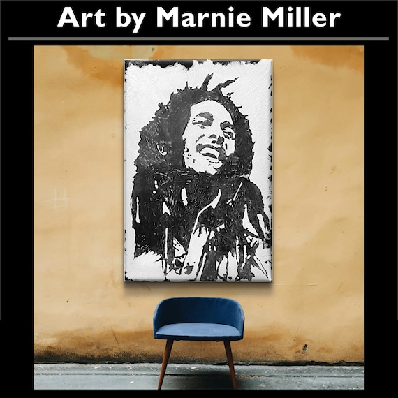 Bob Marley Reggae Portrait Original Hand Painted Minimalist Artwork Heavy Texture Sculpture Relief Black and White 24x36 by Marnie Miller TX