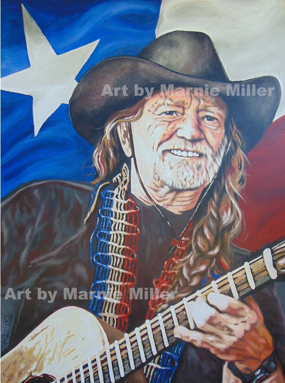Limited Edition Fine Art Print Willie Nelson w/ Guitar Highway Men Portrait Painting Red Headed Stranger Country Music Art by Marnie Miller