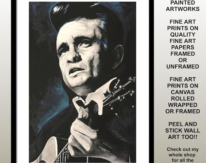 Johnny Cash Art Print on Fine Art Papers Framed Modern Rustic Ranch Country Western Music Room Decor Mancave Decor Artwork by Marnie Miller