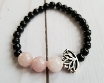 Rose Quartz Bracelet, Black Jasper, Lotus Bracelet, Love Bracelet, Beaded Bracelet, Gemstone Bracelet, Women's Bracelet, Crystal Bracelet