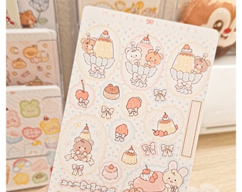 Kawaii Cute Pastel Colorful Pudding Strawberry Cherry Sweets Teddy Bears Stickers Sheet