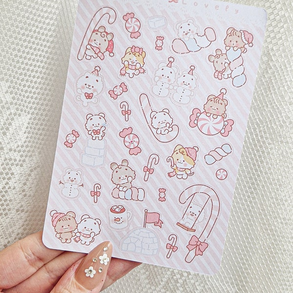 Kawaii Cute Candy Cane Pink Candy Pastel Christmas Stickers Sheet