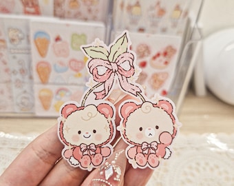 Kawaii Cute Teddy Bear Cherries Pink Bow Spring Die Cut Stickers