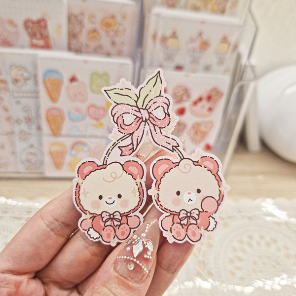 Kawaii Cute Teddy Bear Cherries Pink Bow Spring Die Cut Stickers