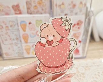 Kawaii Cute Teddy Bear Strawberry Fruits Tea Cup Spring Cut Stickers