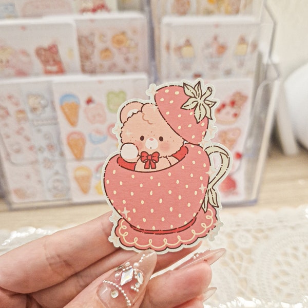 Kawaii Cute Teddy Bear Strawberry Fruits Tea Cup Spring Cut Stickers