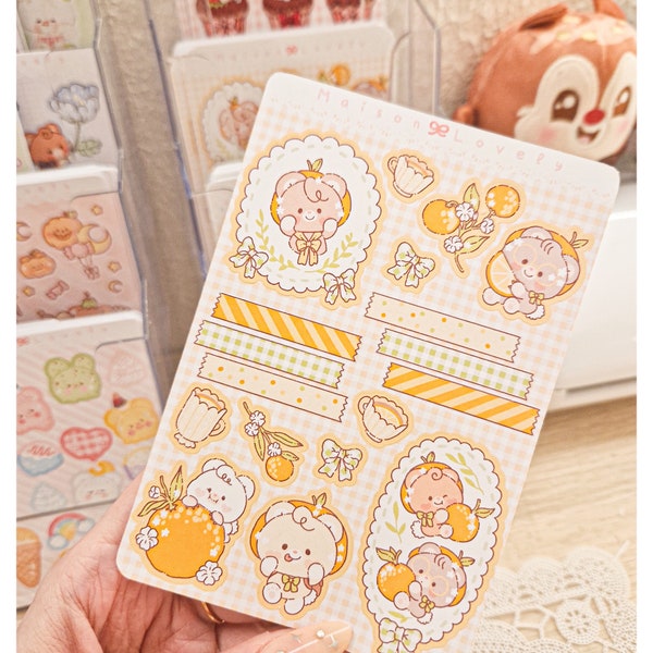 Kawaii Cute Pastel Orange Fruits Spring Teddy Bears Stickers Sheet