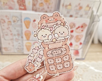 Kawaii Cute Teddy Bear Pink Vintage Phone Die Cut Stickers