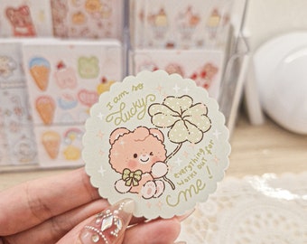 Kawaii Cute Teddy Bear Clover Lucky Girl Affirmations Die Cut Stickers