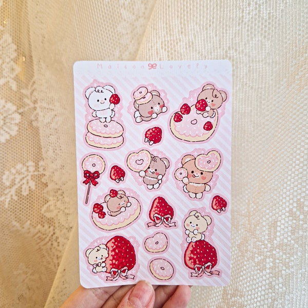 Kawaii Cute Pink Strawberry Donuts Pastel Ribbons Stickers Sheet