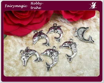 6 or 20 dolphin pendants antique silver coloured 31 x 22 mm