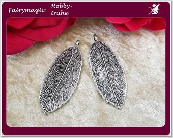 2 grands pendentifs bijoux LEAF couleur argent ancien 20x49x2mm