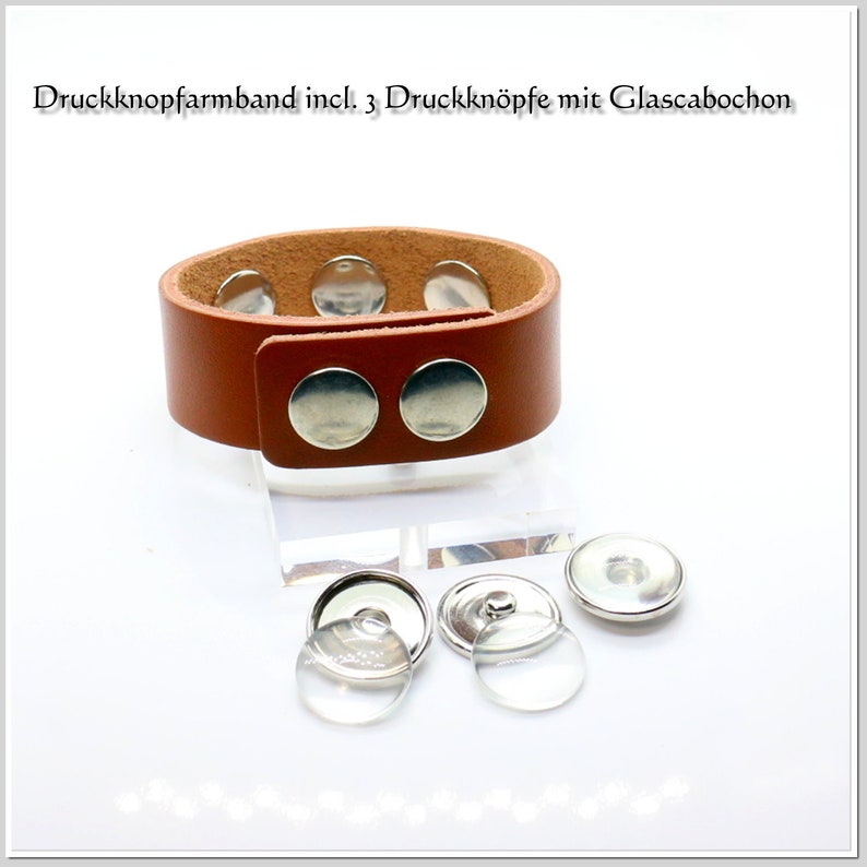 Real leather band for push buttons medium brown including press button blanks with glass cabochon