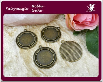 4 sertis pendentif cabochon style tibétain avec structure antique compartiment rond plat 25 mm 40x35x2 mm couleur bronze