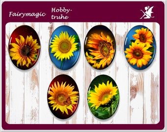 Motivcabochon oval Glascabochons handgefertigt SONNENBLUMEN 13x18mm oder 18x25mm