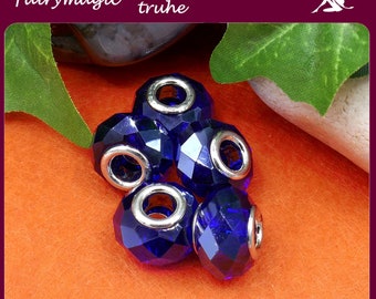 5 glass ship beads module beads large hole beads royal blue faceted 14 x 10 mm