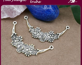 2 floral connectors with rose ornament antique silver 57 x 30 mm