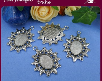 4 or 10 oval settings for 13 x 18 mm cabochons antique silver floral leaves