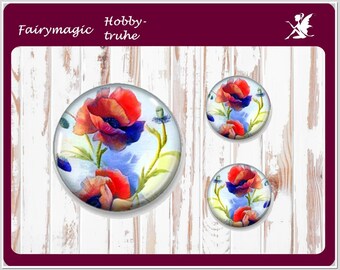 POPPIES motif cabochon glass cabochons handmade 1 x 25 mm and 2 x 12 mm