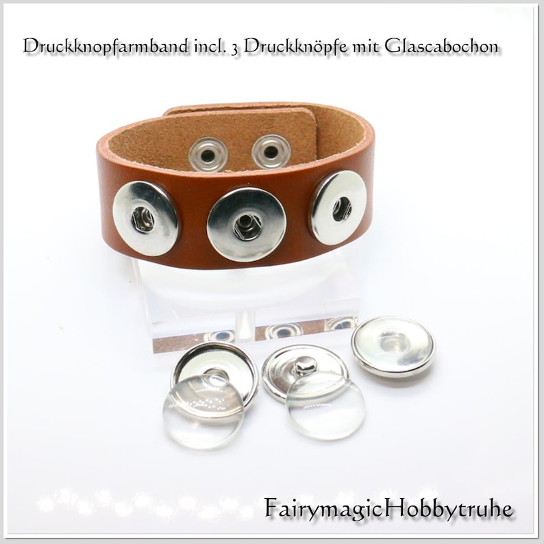 Real leather band for push buttons medium brown including press button blanks with glass cabochon