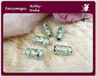 5 perles tubulaires en verre Silverfoil, vert anis, argentées avec inclusions noires, 25 x 15 mm