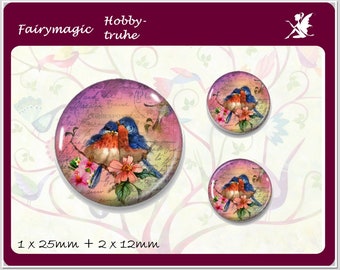 BIRD COUPLE motif cabochon glass cabochons handmade 1 x 25 mm and 2 x 12 mm