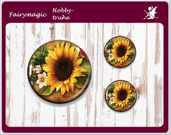 SUNFLOWER motif cabochon glass cabochons handmade 1 x 25 mm and 2 x 12 mm
