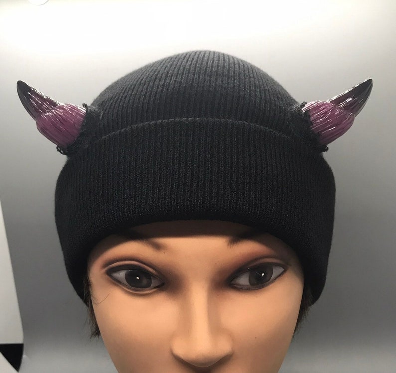 Dark Pink Black Tip Horned Hat Beanie Demon Devil Creature Etsy