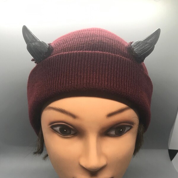 Gun Metal Dark Grey Horned Hat Beanie Demon Devil Creature