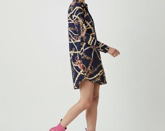 Vintage 1990s Satin Baroque Scarf Print Shirt Dress