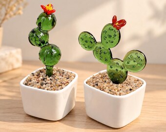Handmade Glass Cactus Decor, Mini Glass Cactus Planter, Green Cactus Sculpture,  Botanical Glass Art