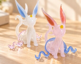 Handmade Glass Fantasy Fox Figurine, Miniature Glass Animal Decor, Pink or White Fox Sculpture