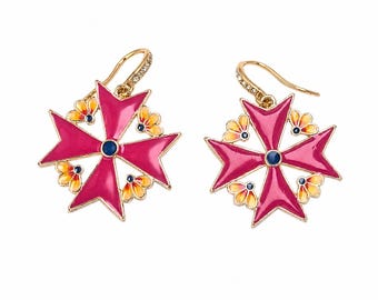 Pink Star-Shaped Enamel Earrings,Gold Floral Dangle Earrings