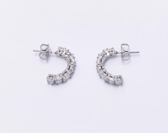 Women's Sparkling Cubic Zirconia Silver J-Hoop Earrings, Small Half-Hoop Studs with Gemstones