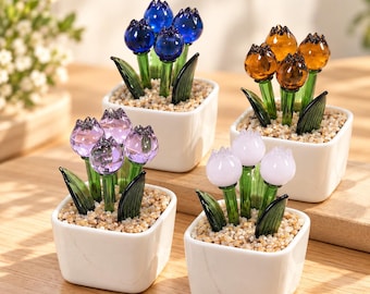 Handmade Glass Tulip Planter Decor, Mini Glass Flower Figurine, Botanical Desk Shelf Decor, Small Potted Flower Art
