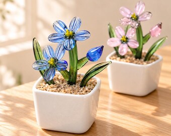 Handmade Glass Flower Planter Decor, Mini Forget Me Not Floral Figurine, Colorful Glass Flower Art