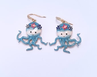Blue Octopus Enamel Pendant Earrings, Ocean-Themed Marine Life Jewelry, Nautical-Style Earrings, Summer Beach Gift for Women