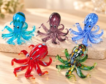 Handmade Glass Octopus Figurine, Miniature Sea Life Decor, Colorful Ocean Animal