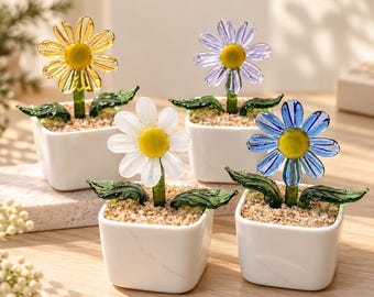 Handmade Glass Daisy Planter Decor, Mini Glass Flower Figurine, Potted Botanical Decor, Small Desk & Shelf Accent