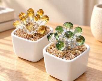 Handmade Glass Plant Sculpture, Mini Potted Glass Decor, Colorful Art Glass Desk Accent, Small Botanical Figurine, Housewarming Gift