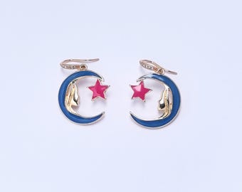 Skyline Moon and Star Enamel Pendant Earrings: Eye-Catching Gold Crescent-Shaped Earrings for Women