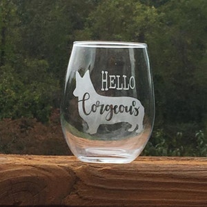 Hello Corgeous - Corgi Lover's Etched Stemless Wine Glass