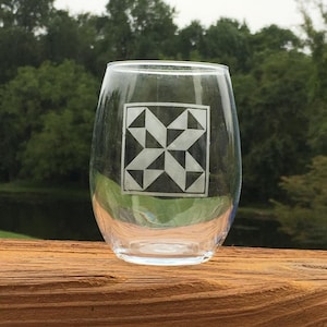 Stemless Wine Glass for Quilters - Quilt patterns on Wine Glasses - Personalized Quilt Glass