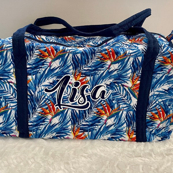 Tropical Blue Duffle Bag - Personalized Quilted Carry On Bag - Monogrammed Duffel Bag - Quilted Overnight Bag