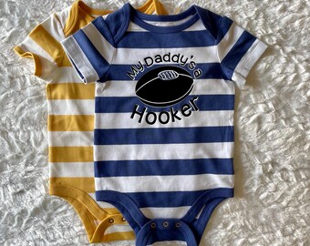 Baby Rugby Bodysuit - Striped Graphic Bodysuit - My Daddy's a Hooker - Bodysuit can be customized with your favorite saying!