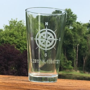 Personalized Compass Glass-Longitude and Latitude of Your Favorite Place-Compass Glass with Location-Vacation Pint Glass-Housewarming Gifts