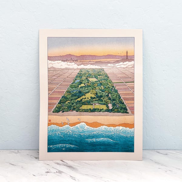 Golden Gate Park and Ocean Beach San Francisco: Sunset Illustration Print