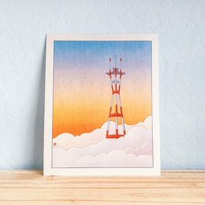 San Francisco's Iconic Sutro Tower: Ukiyo-e Inspired Sunset Illustration Print